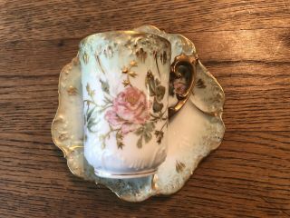 Antique Ls&s Limoges France Hand Painted Floral Cup & Saucer W/ Gold Accenting