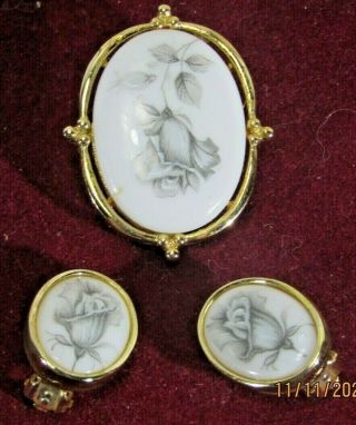 Vintage Whiting And Davis Pin Brooch Clip On Earring Set Signed Very Rare Set
