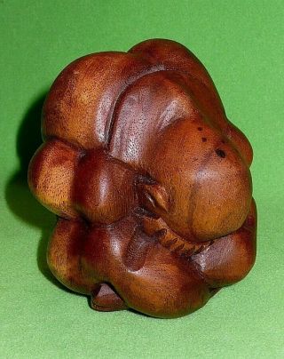 Vintage South Pacific Monkeypod Wood Hand Carved Man Curled Into Ball Sculpture.