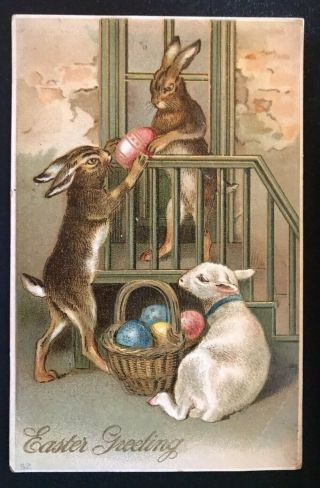 Standing Bunny Rabbits With Egg Lamb Antique Embossed Easter Postcard - C137