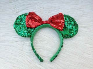 Disney Parks Green Sequin Mickey Minnie Mouse Ears Christmas Holiday Ears Rare