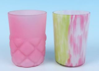2 Antique Victorian Glass Tumbler Pink & Yellow Green Cased & Consolidated Quilt