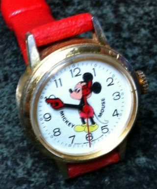 Rare Bradley Mickey Mouse Watch Wind Up Mechanical Red Band