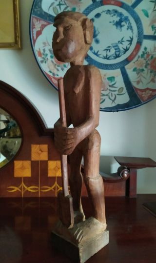 Vintage Oceanic Pacific Islands Wood Carving Figure With Oar 42cm Tall