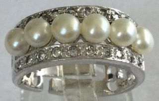 Gorgeous Vintage Estate Antique Sterling Silver 925 Pearl & Cz Ring Sz 7 Ay61