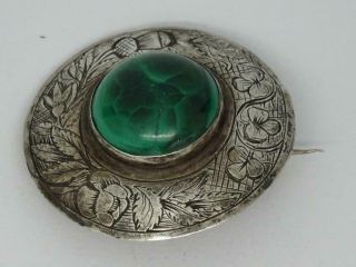 Victorian Antique Scottish Silver Arts & Crafts Malachite Brooch