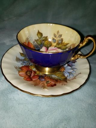 - - Spectacular And Rare Aynsley Cabbage Rose Teacup And Saucer Signed J A Bailey -