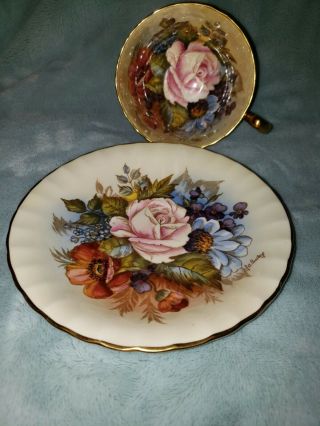 - - SPECTACULAR and RARE Aynsley Cabbage Rose Teacup and Saucer Signed J A Bailey - 6