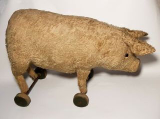 1916 Rare Steiff 1322 Pig/schwein Pull Toy/doll On Wheels W/mini Ff Button/knopf