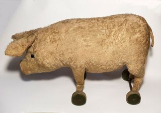 1916 Rare STEIFF 1322 Pig/Schwein Pull Toy/Doll on Wheels w/Mini FF Button/Knopf 2