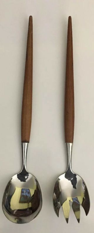 Vintage Antique Mid Century Salad Fork Spoon Set Wood Stainless Made In Norway