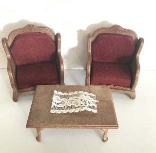 Sylvanian Families Vintage Furniture Red Velvet Ornate Armchair Chair Table Set