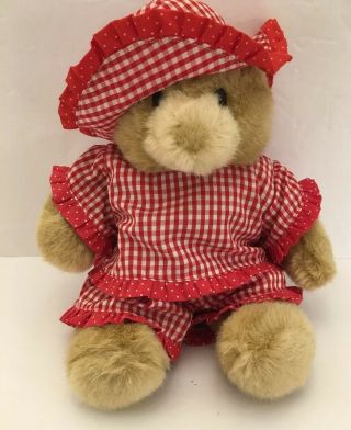 Vintage Build A Bear Teddy Bear Plush With Red/white Plaid Hat & Clothing 1997