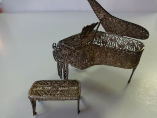 Antique/vintage Silver Filigree Doll House Miniature Piano And Bench