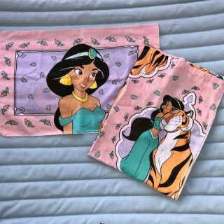 Rare Vtg 90s Pink Disney Aladdin Jasmine Twin Bed Flat Sheet And 1 Pillow Case