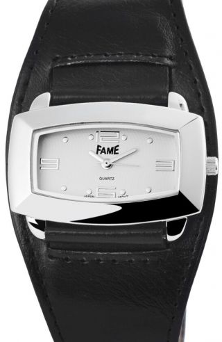Damen Armbanduhr Weiss/Silber breites schwarzes Kunstlederarmband von FAME 2