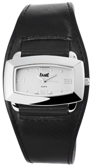 Damen Armbanduhr Weiss/Silber breites schwarzes Kunstlederarmband von FAME 3