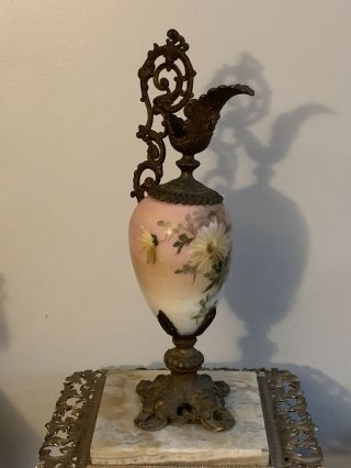 20” Antique Victorian Ewer Vase Urn Floral Painted Porcelain & Ornate Cast Metal
