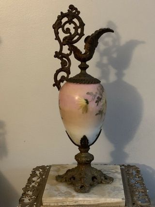 20” Antique Victorian Ewer Vase Urn Floral Painted Porcelain & Ornate Cast Metal 2