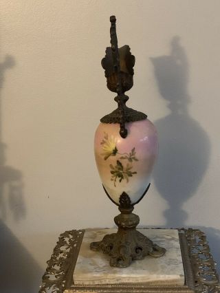 20” Antique Victorian Ewer Vase Urn Floral Painted Porcelain & Ornate Cast Metal 3