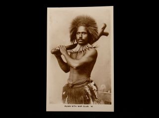 Fijian Warrior With Club 1930s Rppc Photo Postcard Whale Tooth Necklace