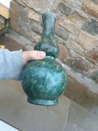 Very Pretty Vintage Double Gourd Pottery Vase Speckled Green 24 Cm