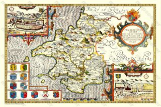 Old Map Of Pembrokeshire 1611 By John Speed 30 " X 20 " Photographic Print