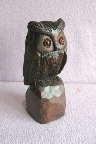Vintage Black Forest Carved Wood Owl With Glass Eyes