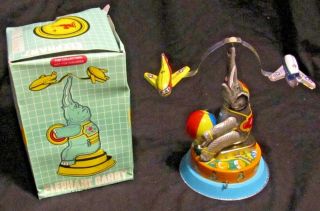 Rare Vintage Tin Toy Collectible Wind Up Elephant Carry Plane & Box