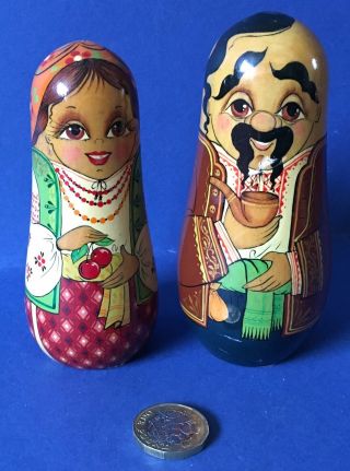 Pair Vintage Russian Wooden Hand Painted Folk Art Dolls,  5” Tall,  Traditional