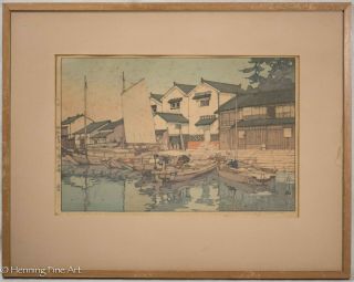 Hiroshi Yoshida Kura in Tomonoura Japanese Woodblock with JIZURI Seal,  1930 Rare 2