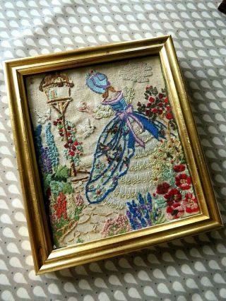 Vintage Hand Embroidered Picture Framed - Crinoline Lady & Flowers