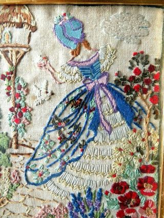 VINTAGE HAND EMBROIDERED PICTURE FRAMED - CRINOLINE LADY & FLOWERS 2