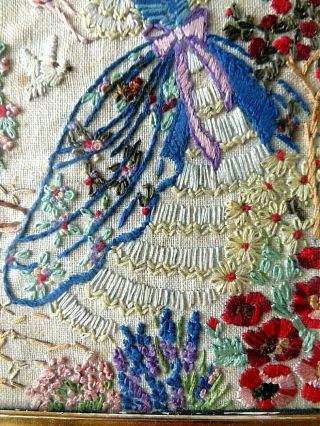 VINTAGE HAND EMBROIDERED PICTURE FRAMED - CRINOLINE LADY & FLOWERS 3