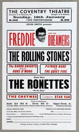 The Rolling Stones Rare Vintage Coventry Theatre 1964 Concert Handbill