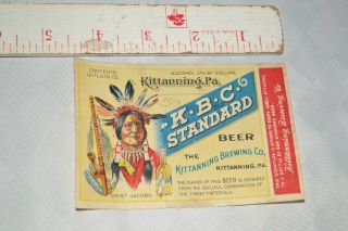 Rare Antique/vtg Kbc Kittanning Brewing Co.  Pre - Prohibition Beer Bottle Label Pa