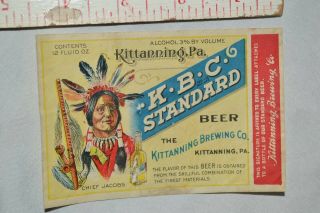 RARE Antique/Vtg KBC Kittanning Brewing Co.  Pre - Prohibition Beer Bottle Label PA 2