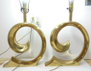 2 Rare Vtg Pierre Cardin Logo Wave Solid Brass Table Lamps Hollywood Regency Mcm