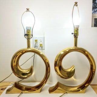 2 RARE VTG Pierre Cardin LOGO Wave SOLID BRASS Table Lamps HOLLYWOOD REGENCY MCM 3