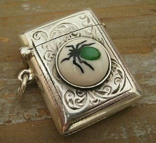 Hallmarked Sterling Silver Vesta Case With Shibayama Decorated Mop Insect Button