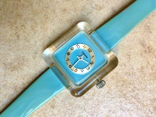 Vintage Lucerne Acryl Lucite Ladies Mechanical Swiss Made Wind Up Watch Blue