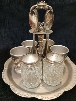 Vintage Silver Plated X4 Egg Cups,  Spoons Set With Stand And Salt,  Pepper Pot