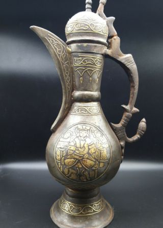 Rare Museum Qulity Antique Persian Islamic Damascus Brass Inlaid Iron Aftaba