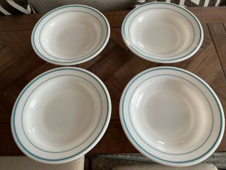 Set Of 4 Corning/pyrex Milk Glass Large Rim Soup Bowls With Blue Stripes,  Rare