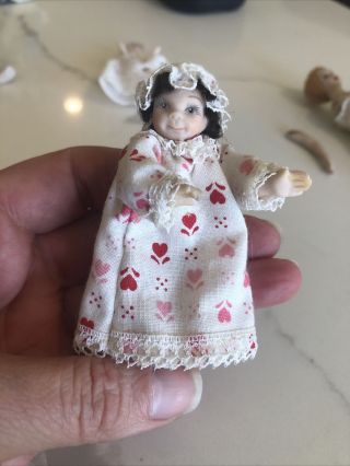 Vintage Miniature Dollhouse Artisan Dark Haired Child Porcelain Girl Doll Signed