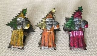 Three Rare Antique Victorian Embossed / Painted Santa Claus Tin Candle Clips