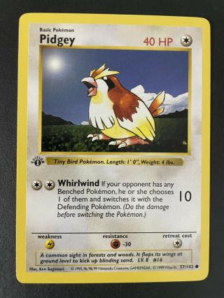1st Edition Shadowless Pidgey 57/102 Base Set Pokemon Card Psa 9 10?