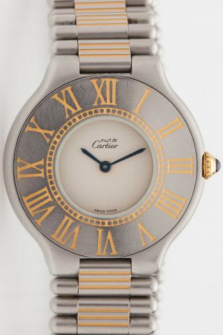 Estate $3000 Midsize Cartier 18k Gold Ss Ladies Watch Rare 6.  5 "