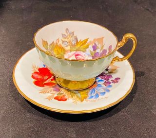 AYNSLEY CABBAGE ROSE TEACUP/SAUCER J.  A.  BAILEY on RARE WHITE BACKGROUND - 3