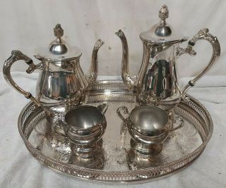 5 Piece Silver Plated Coffee & Tea Set Includes Gallery Tray